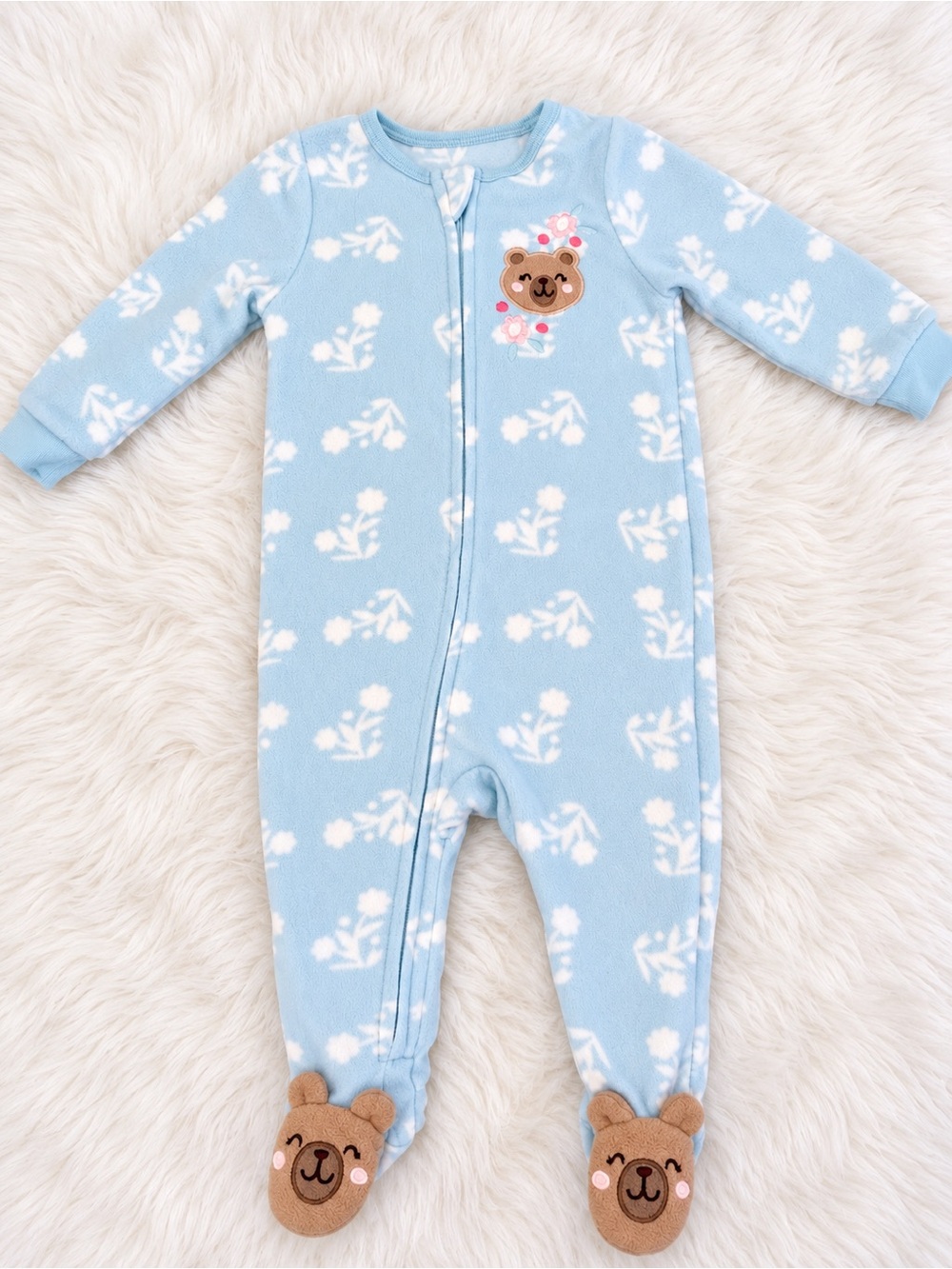 Kids Headquarters Light Blue Floral Plush Footed One-Piece with Bear Appliqué